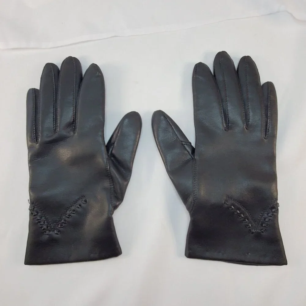 Vintage Avon Womans Black Vinyl Gloves Lined W/ Fleece Size Small Driving Gloves